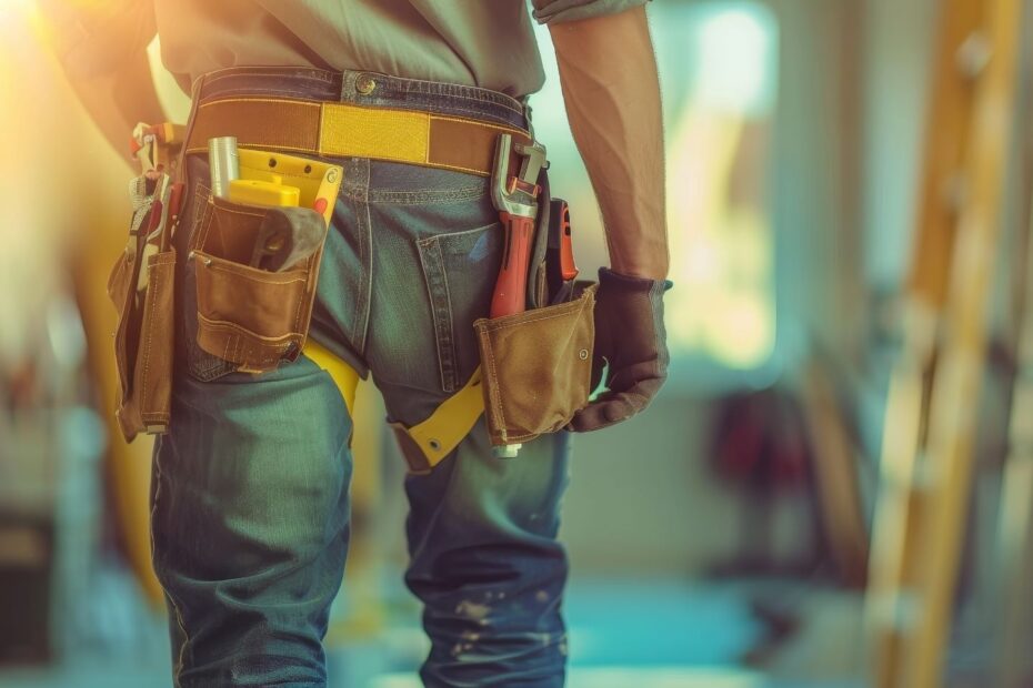 Ein Handwerker in Jeans und Arbeitskleidung trägt einen mit Werkzeugen gefüllten Gürtel, während er in einer hell beleuchteten Werkstatt steht.